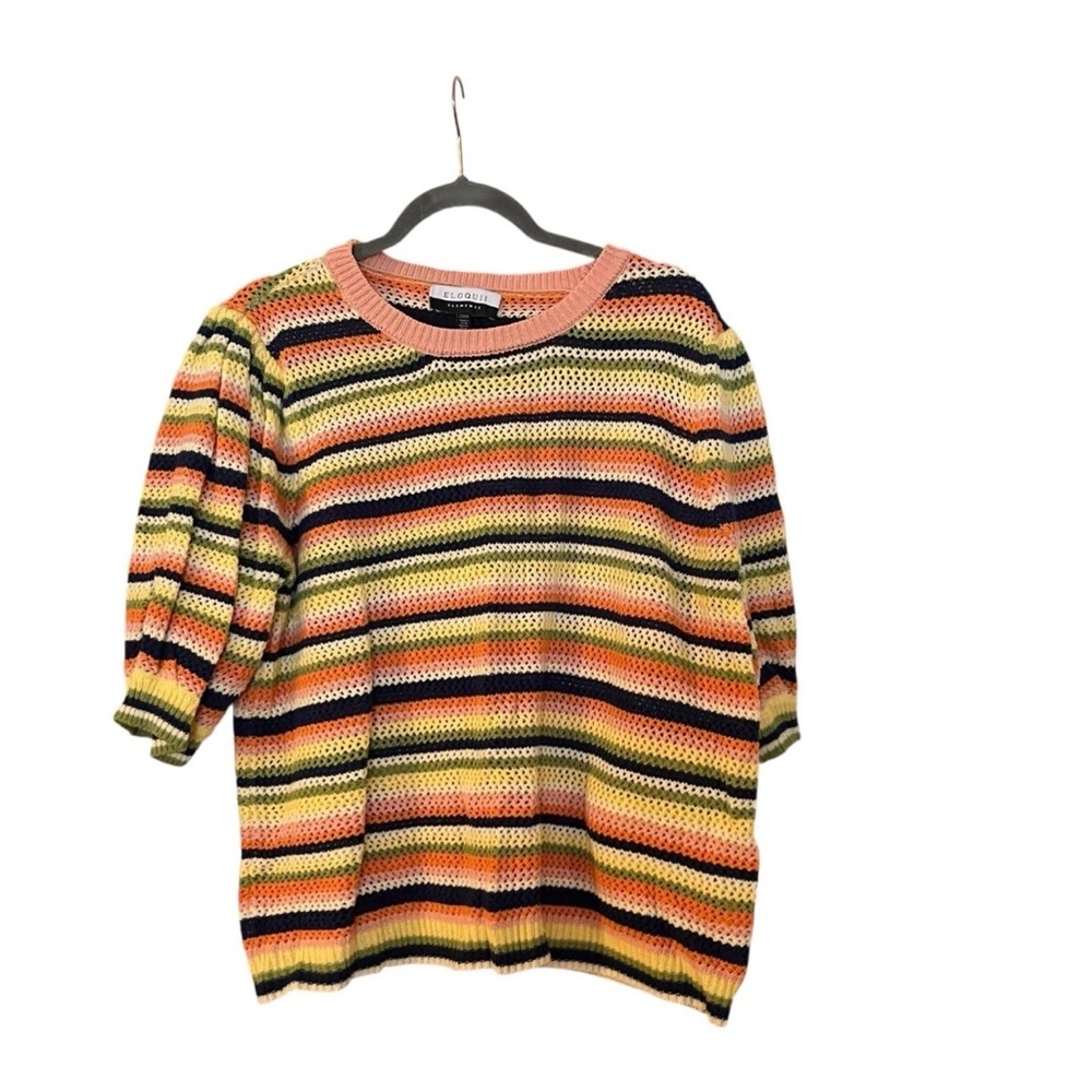 Eloquii Open-Knit Striped Scoop Neck Sweater in Yellow, Pink & Navy
